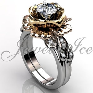 14k three tone white, rose and yellow gold diamond unique flower engagement ring, wedding ring, flower engagement set ER-1055-8