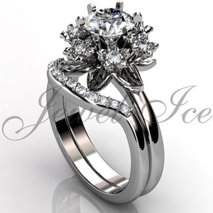 Flower Engagement Ring - Platinum diamond unusual unique flower engagement ring, bridal set, wedding ring, flower engagement set ER-1108