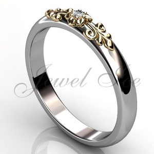 14k two tone white and yellow gold diamond unusual unique floral wedding band LB-2015-4.