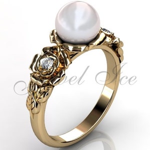 14k yellow gold white pearl diamond unusual unique floral engagement ring, bridal ring, wedding ring ER-1090-2 image 5