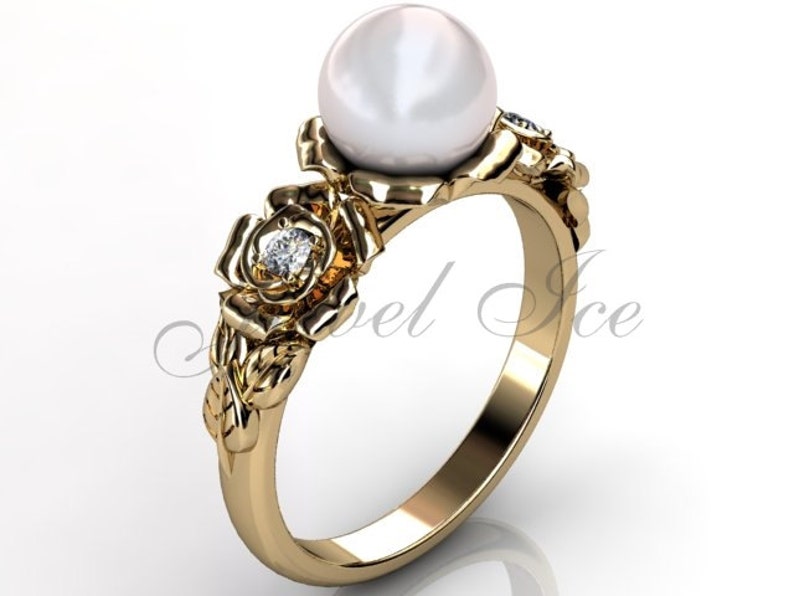 14k yellow gold white pearl diamond unusual unique floral engagement ring, bridal ring, wedding ring ER-1090-2 image 5