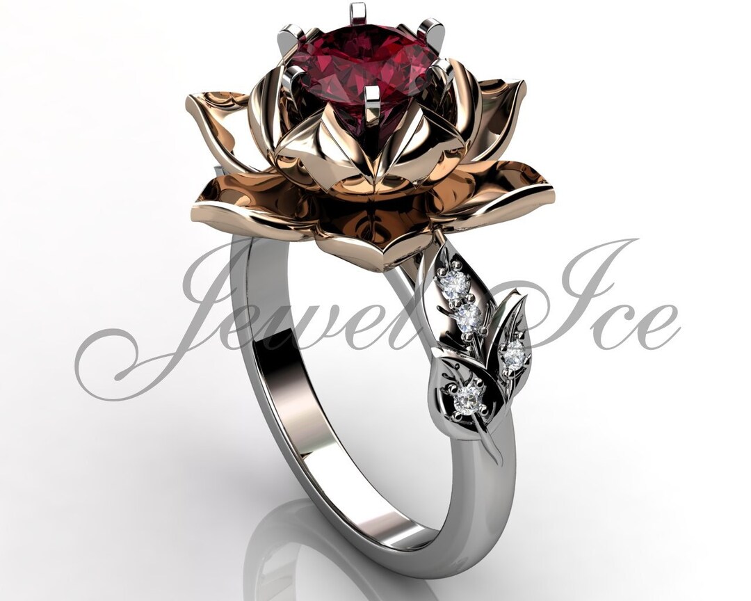 Lotus Flower Ruby Engagement Ring - 14k White Rose Gold Lotus Flower ...