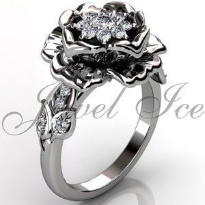 14k Weißgold Diamant ungewöhnlich unikat Cluster Blumen Verlobungsring, Brautring, Ehering ER-1053-1