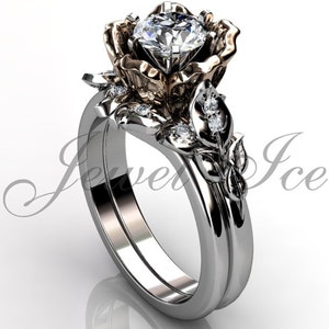 Unique Moissanite Engagement Ring Set - 14k White and Rose Gold Forever One Moissanite Diamond Flower Engagement Ring Set ERMZ-1041-5