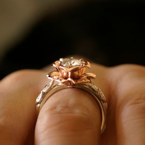 14k White and Rose Gold Diamond Unique Rose Flower Engagement Ring, Floral Engagement Ring, Art Deco Ring, Promise Ring for Her ER-1032-5 image 8