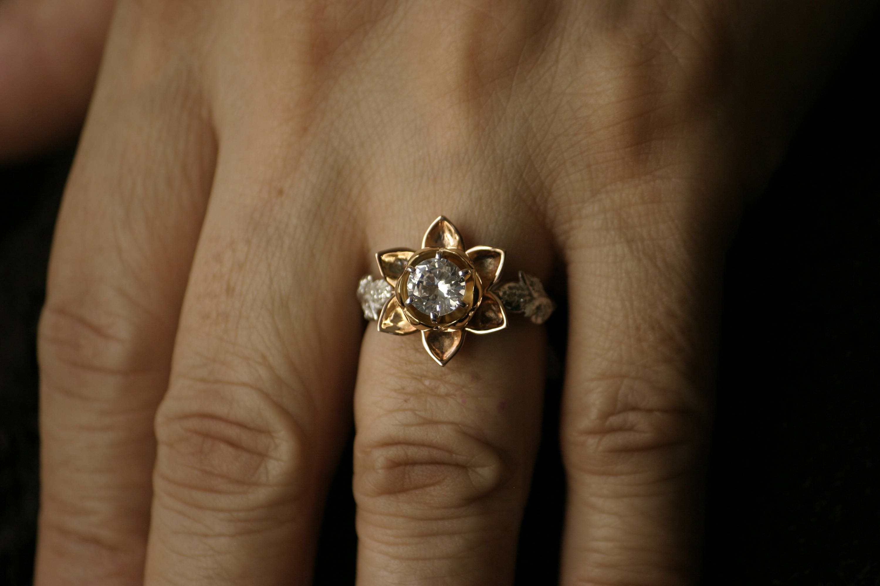 Lotus Flower Engagement Ring 14k White Rose & Yellow Gold Etsy