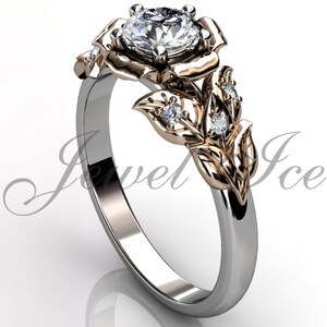 Leaves & Flower Engagement Ring - White and Rose Gold Diamond Unique Leaf and Flower Engagement Ring, Leaf and Flower Wedding Ring ER-1061-5