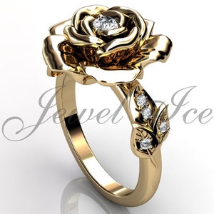 Verzauberte Rose Verlobungsring - 14 k Gelbgold Diamant einzigartige Blume Verlobungsring, Floral Ehering, Jahrestag Ring ER-1146-2