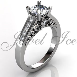 Anillo victoriano, estilo victoriano flor de lis Vintage 14k de oro blanco diamante único Floral anillo de compromiso, anillo de bodas ER-1081-1