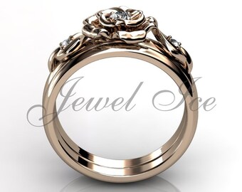 Verlobungsring Set - 14k Rose Gold einzigartige Blume Eheringe Verlobungsring Ehering Bridal Set ER-1127-3
