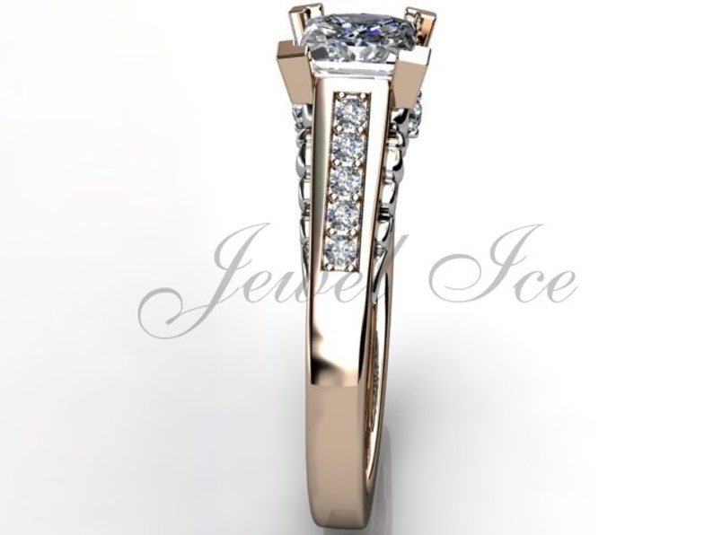 Moissanite Engagement Ring Vintage Fleur-de-Lis 14k rose and white gold Forever One Moissanite diamond floral engagement ring ERMZ-1093-6 image 3