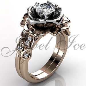 Anillo de compromiso con diseño floral en oro blanco y rosa de 14 k con diamantes, anillo de bodas, anillo de compromiso con diseño floral, anillo de compromiso con diseño floral ER-1055-6