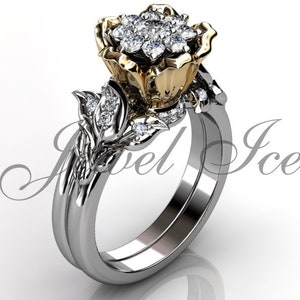 Flower Engagement Ring Set - White and Yellow Gold Diamond Unique Flower Wedding Band Engagement Ring Set, Floral Wedding Ring ER-1149-4