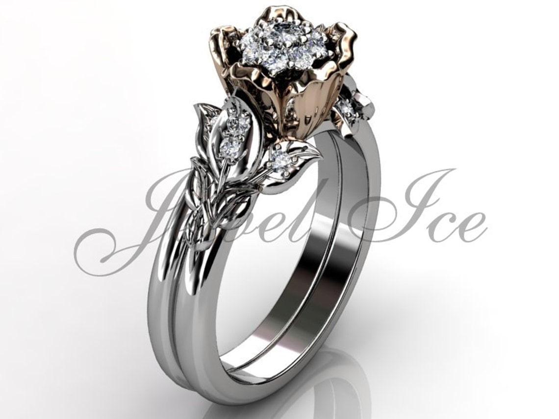 Flower Engagement Ring Set 14k White and Rose Gold Diamond Etsy