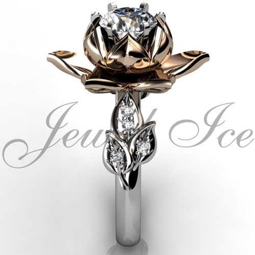 Lotus Flower Engagement Ring 14k White and Rose Gold Diamond Etsy