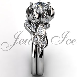 Lotus Flower Engagement Set - 14k white gold diamond unusual unique flower engagement ring, bridal set, wedding ring ER-1109-1
