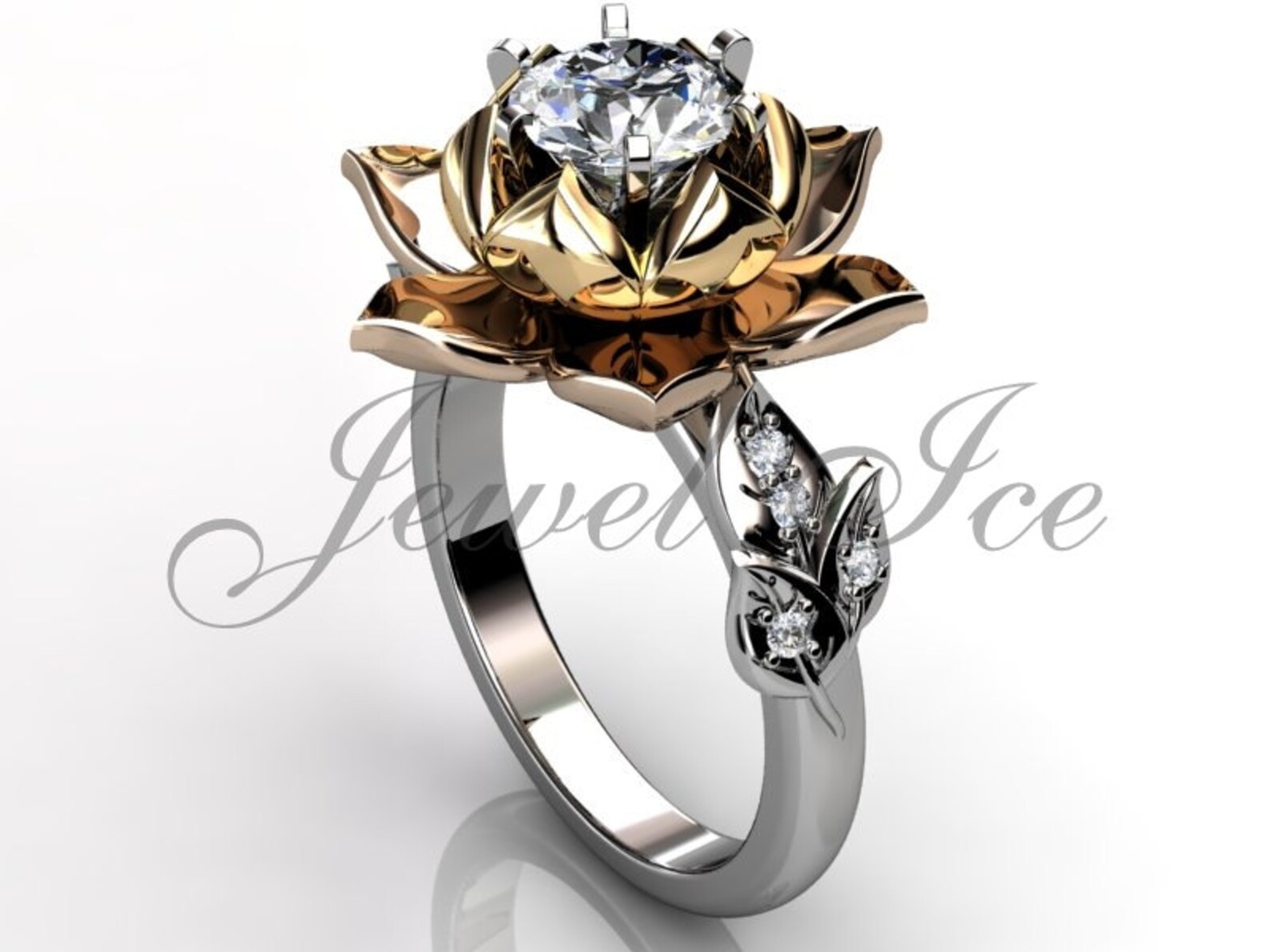 Lotus Flower Engagement Ring 14k White Rose & Yellow Gold Etsy