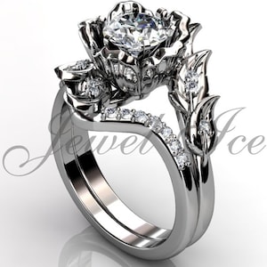 Platinum diamond unusual unique flower engagement ring, bridal ring, wedding ring, flower engagement set  ER-1083