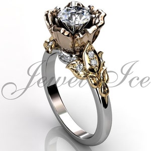 Flower Engagement Ring - 14k White Rose and Yellow Gold Diamond Unique Flower Engagement Ring Wedding Ring Anniversary Ring ER-1080-8
