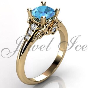 Aquamarine & Diamond Engagement Ring, 14k Yellow Gold Flower Engagement Ring, March Birthstone Ring, Aquamarine Floral Ring BR-1038-2