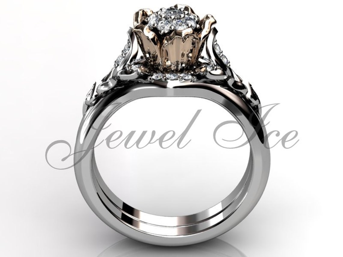 Flower Engagement Ring Set 14k White and Rose Gold Diamond Etsy
