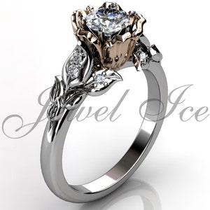 Flower Engagement Ring - 14k White and Rose Gold Diamond Unique Flower Engagement Ring, Wedding Ring, Anniversary Ring ER-1116-5