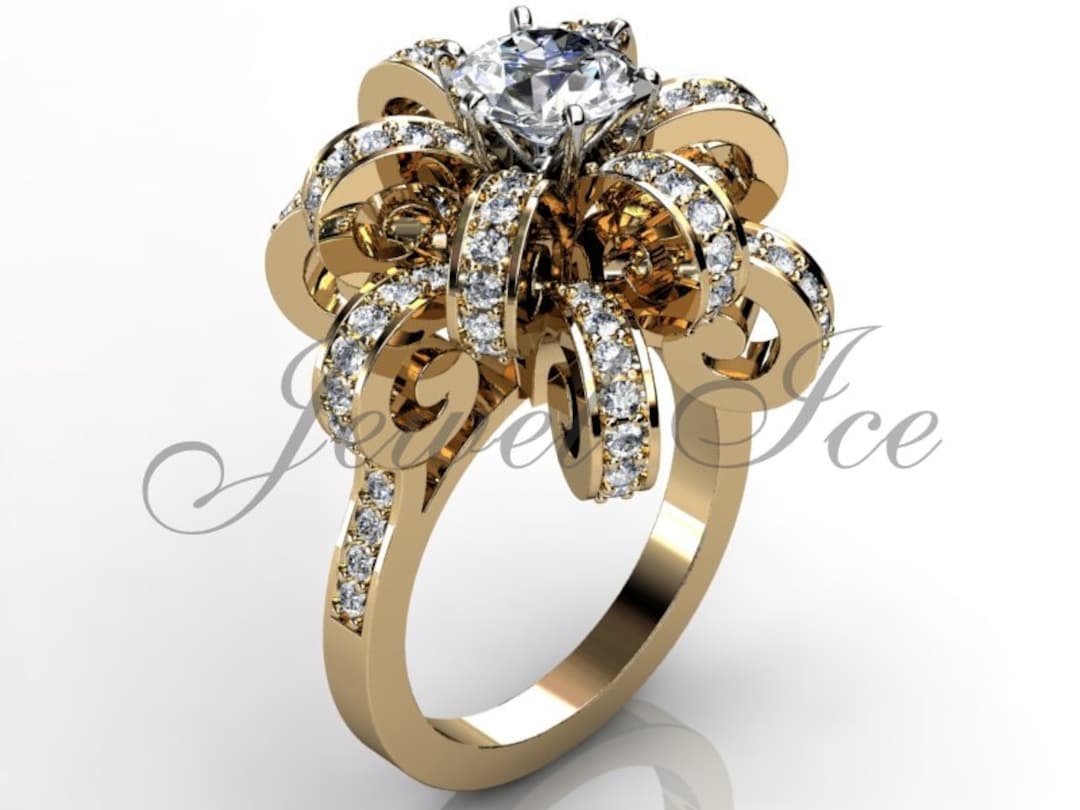 Buy 14k Yellow Gold Diamond Unusual Unique Flower Engagement Ring
