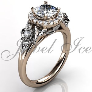 Floral Engagement Ring - 14k Rose and White Gold Diamond Unique Floral Engagement Ring Bridal Ring Wedding Ring Anniversary Ring ER-1098-6