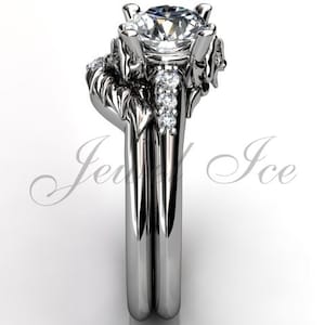 14k white gold diamond unusual unique flower engagement ring, bridal ring, wedding ring, flower engagement set ER-1052-1