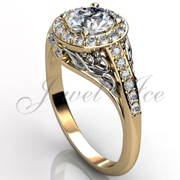 Moissanite Engagement Ring - 14k yellow and white gold Forever One Moissanite diamond floral engagement ring, wedding ring ERMZ-1056-7