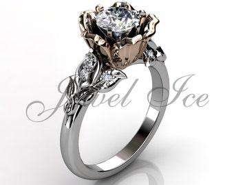 Flower Engagement Ring - 14k White and Rose Gold Diamond Unique Flower Engagement Ring, Flower Wedding Ring, Anniversary Ring ER-1033-5