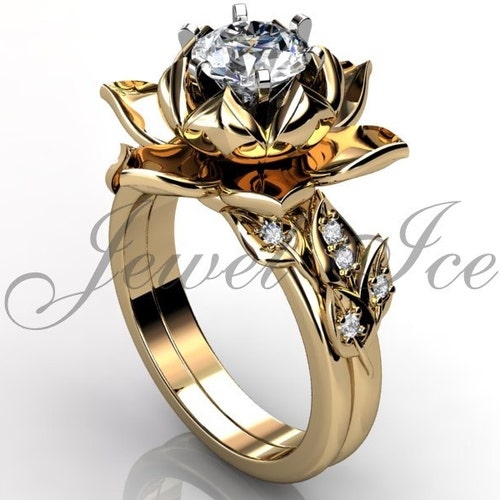 Lotus Flower Engagement Set 14k Rose and White Gold Diamond Etsy