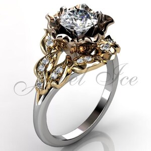 Moissanite Engagement Ring 14k White Rose and Yellow Gold Forever One Moissanite Diamond Flower Engagement Ring, Wedding Ring ERMZ-1058-8 image 4