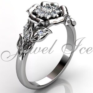 14k white gold diamond unusual unique cluster flower engagement ring, bridal ring, wedding ring ER-1074-1