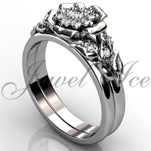 Platinum diamond unusual unique flower engagement ring, bridal ring, wedding ring, flower engagement set ER-1092