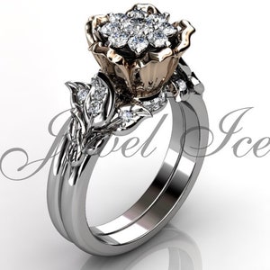 Flower Engagement Ring Set - White and Rose Gold Diamond Unique Flower Wedding Band Engagement Ring Set, Floral Wedding Ring ER-1149-5