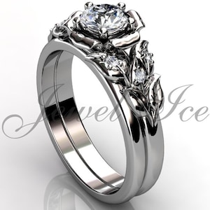 14k white gold diamond unusual unique flower engagement ring, bridal ring, wedding ring, flower engagement set ER-1066-1