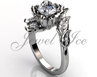 Leaf & Flower Engagement Ring - 14k White Gold Diamond Unique Leaves and Flower Engagement Ring, Floral Wedding Ring, Promise Ring ER-1071-1