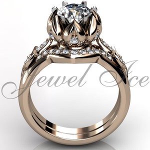Lotus Flower Engagement Set - 14k rose gold diamond unusual unique flower engagement ring, bridal set, wedding ring ER-1109-3