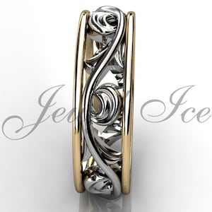 Floral Wedding Band - 14k Yellow and White Gold Unusual Unique Art Deco Leaf and Vine Floral Wedding Band LB-2029-7.