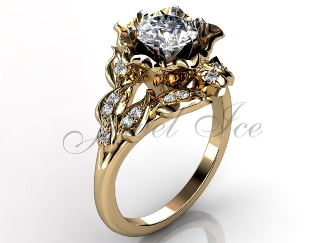Leaves & Flower Engagement Ring 14k Yellow Gold Diamond Leaf Etsy