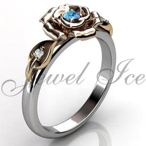 Azul Zircon y anillo de compromiso diamante, 14 k amarillo blanco y rosa flor oro anillo de compromiso, azul Zircon Birthstone anillo BR-1115-8 de diciembre