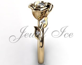 Enchanted Rose Flower Ring - 14k Yellow Gold Beauty and the Beast Rose Flower Ring, Floral Ring, Promise Ring for Women ER-1110-2