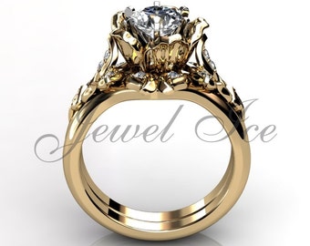 14k yellow gold diamond unusual unique flower engagement ring, wedding ring, flower engagement set ER-1041-2