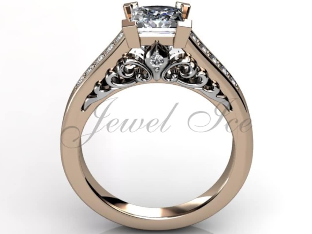 Moissanite Engagement Ring - Vintage Fleur-de-lis 14k Rose and