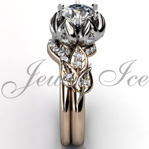 Lotus Flower Engagement Set - 14k two tone rose and white gold diamond unique flower engagement ring, bridal set, wedding ring ER-1109-6