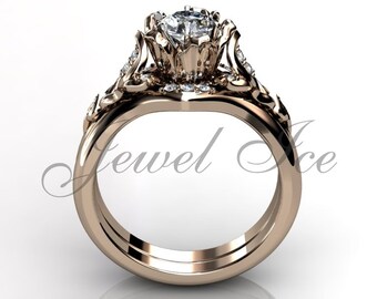 Verlobungsring Set - 14k Rose Gold einzigartige Blume Eheringe Verlobungsring Ehering Bridal Set ER-1120-3