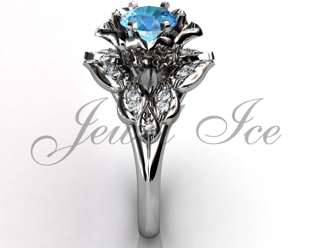 Blue Zircon & Diamond Engagement Ring, 14k White Gold Flower