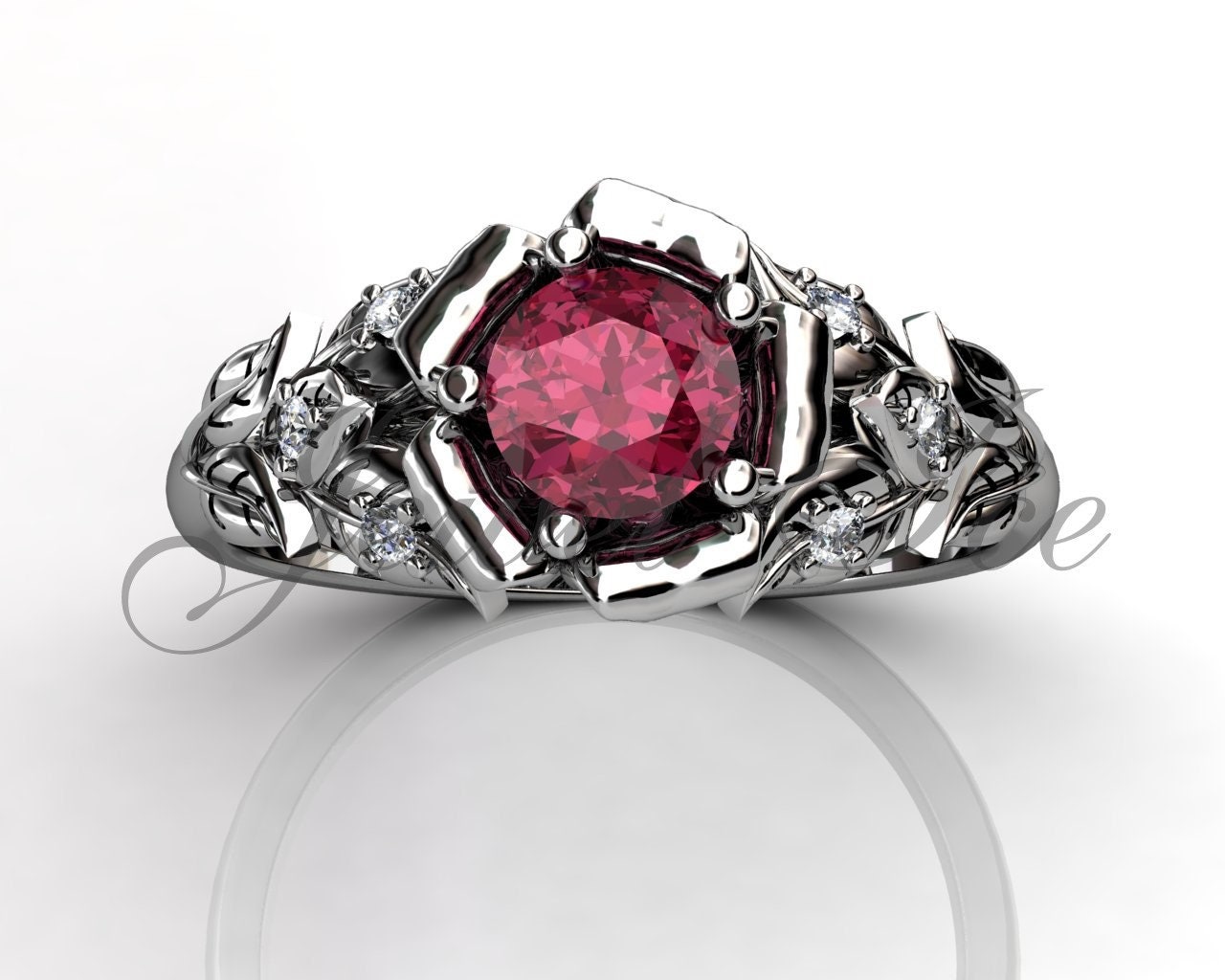 Ruby & Genuine Diamond Engagement Ring, 14k White Gold Leaf