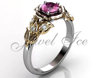 Pink Tourmaline & Diamond Engagement Ring, 14k White Yellow Rose Gold Leaf and Flower Engagement Ring, October Birthstone Ring BR-1061-8